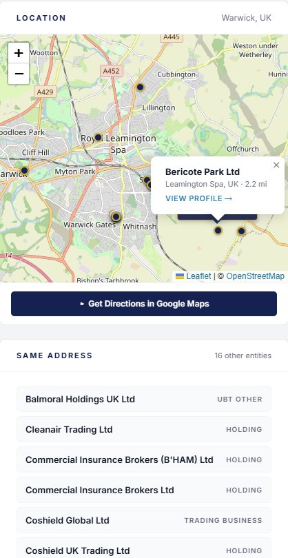 Brethren Intelligence location search showing companies in Warwick with map view and same-address list